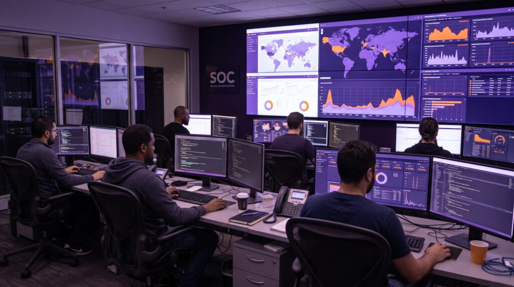 Des analyses en cybersécurité au travail devant leur poste de travail dans un Security Operations Center (SOC), avec des grands écrans muraux affichant des cartes du monde et des graphiques de surveillance.