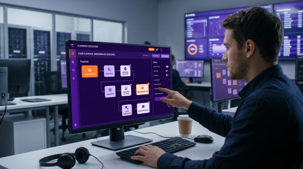 Gros plan sur un écran d'ordinateur montrant l'interface d'une plateforme SOAR avec un schéma de playbook d'automatisation en cours d'exécution, pointé du doigt par un analyste en cybersécurité.