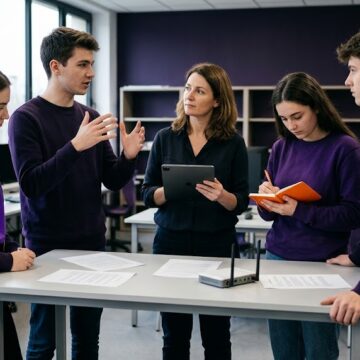 Étudiants en cybersécurité qui font le point avec leur formatrice après un exercice d’attaque simulée