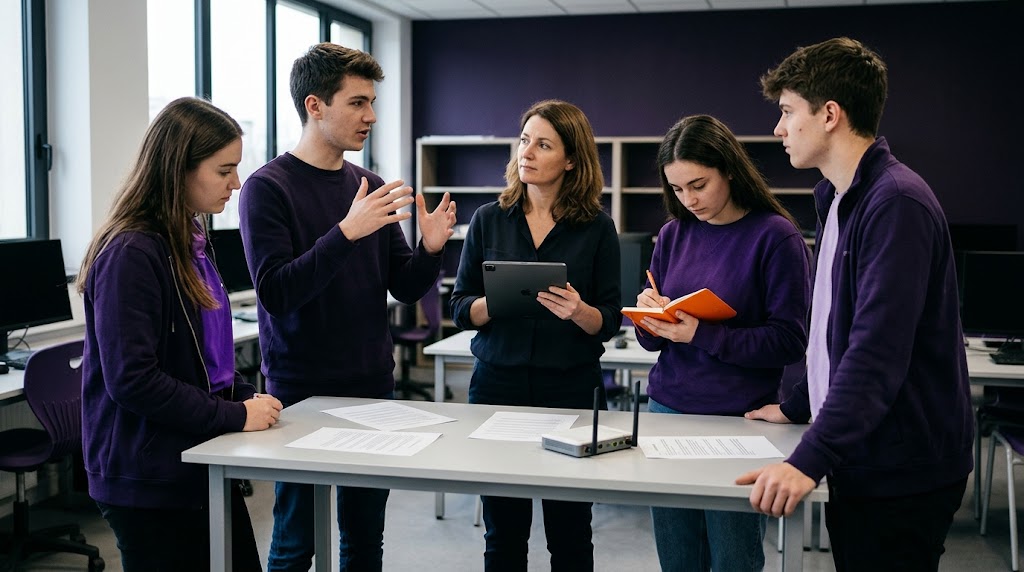 Étudiants en cybersécurité qui font le point avec leur formatrice après un exercice d’attaque simulée